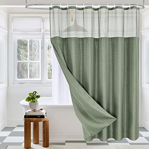 MitoVilla Langer Duschvorhang, 183 x 198 cm, salbeigrün, Waffelstoff, Duschvorhang-Set mit Snap-In-Liner, 198,1 cm langes Stoffnetz, Fenster, Duschvorhang für Hotel, Spa, Badezimmer, Dekoration Cover