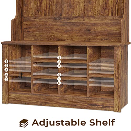 Itaar Hall Tree with Bench and Shoe Storage, Entryway Bench with Coat Rack, Shoe Cabinet with Coat Hooks, Rustic Brown