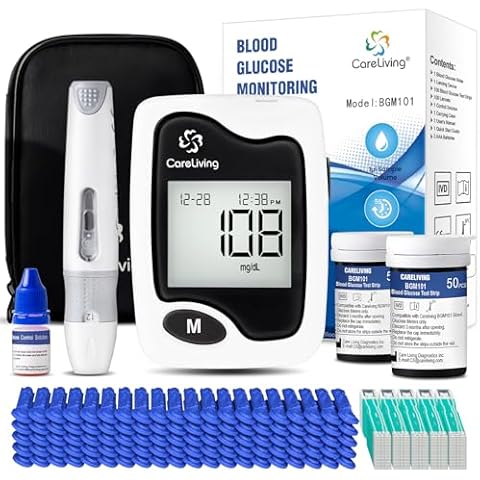 CareLiving BGM101 Blood Glucose Monitor Kit, 100 Test Strips, 100 Lancets, 1 Blood Glucose Meter, 1 Lancing Device, Diabetes Testing Kit, Portable Blood Sugar Test Kit, Glucometer Kit for Home, black Cover