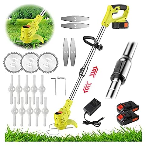 Cordless Electric Metal Blade Strimmer Garden Trimmer Lightweight Cordless with 36TV ×2 Lithium Battery Fast Charger and Three Kinds Spare Blades for Garden Clearing Weeds Flower Trees (Yellow) Cover