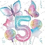 Butterfly Balloons - 5th Birthday Decorations for Girls, Gradient Pink Colorful Foil Balloons, Giant Number 5 Foil Mylar Balloon, 5 Years Old Butterfly Theme Party Supplies