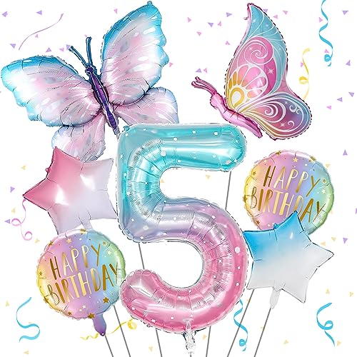 Butterfly Balloons - 5th Birthday Decorations for Girls, Gradient Pink Colorful Foil Balloons, Giant Number 5 Foil Mylar Balloon, 5 Years Old Butterfly Theme Party Supplies