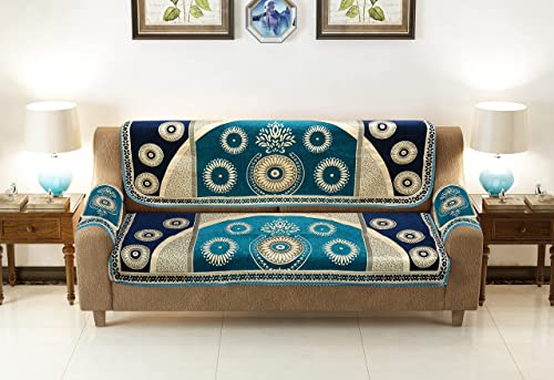 Image of 5 Seater Sofa Cover 10 Pcs Set - 3 + 1+1 Chennile Sofa Cover Back 5 Seater with 6 Pcs Arms Sofa Cover and Centre Table Cover, Sky, Chenille