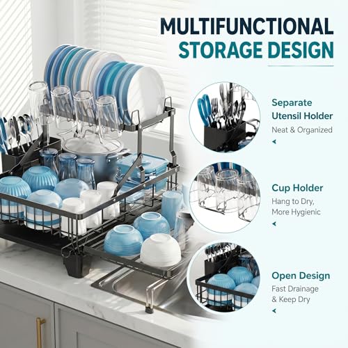 Image of COMFYHOME Double-Layer Pull-Out Iron Dish Drain Rack: Saves Space, Includes Cup Holder, Drain Board, Cutlery Rack Suitable for Pots, Pans, Cups, Cutlery