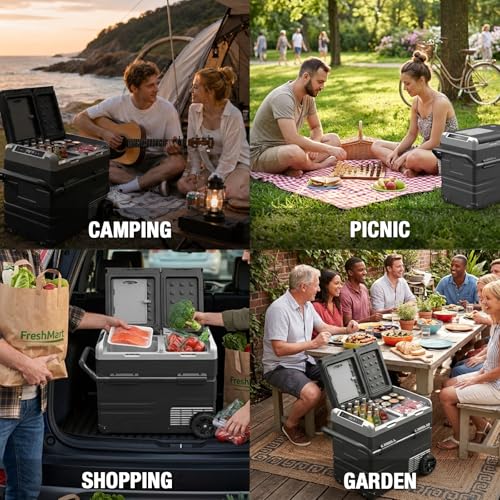 Image of YELLOW JACKET 12 Volt Car Refrigerator 58 Quart, Portable Freezer Dual Zone, -4℉-68℉ Electric Cooler for Camping Road Travel,12 /24V DC & 110~240 V AC for Truck RV Home Office