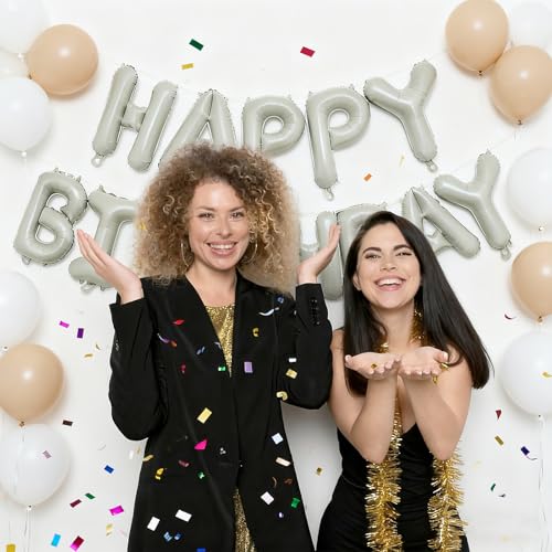 Image of Beige Happy Birthday Balloon Banner 16 Inch - Foil Happy Birthday Letters Balloons Neutral Decor for Men Women Birthday Party Decorations, Reusable Birthday Sign Supplies