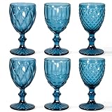 CHLJAR Vintage Weingläser Set, 350ml, 6 Stück, Kristallglas mit Prägemuster, Spülmaschinenfest, Rosa, Bernstein, Grün (Blau)