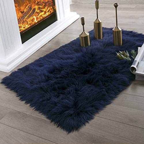 Ashler Faux Fur Navy Blue Rectangle Area Rug Indoor Ultra Soft Fluffy Bedroom