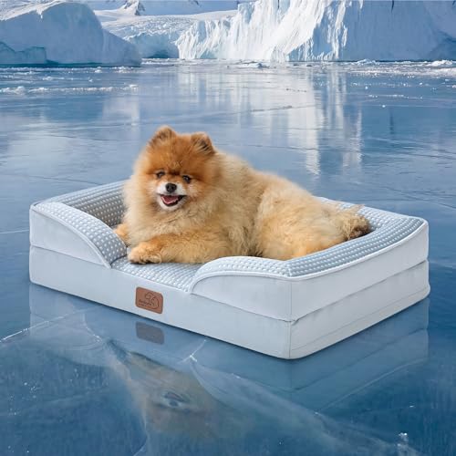 Image of Bedsure Cooling Dog Bed for Small Dogs - Orthopedic Small Dog Cat Cooling Bed Washable, Comfort Pet Couch Sofa with Waterproof Removable Cover, Pets Bed with Nonskid Bottom, Cooling Blue, 24 inch