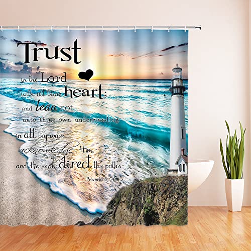 Inspirational Quote Shower Curtain Trust in The Lord with All Thine Heart Motivational Words Ocean Lighthouse Beach Nautical Coastal Scenery Fabric Bath Curtain with Hook - Image 4