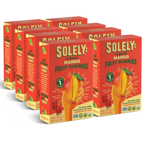 SOLELY - Organic Mango Whole Fruit Gummies (Pack of 8 Boxes, 5 Individual Bags per Box) - Real Fresh Fruit - Healthy Snacks for Adults & Kids - Non GMO, Vegan Snacks, Shelf Stable - 40 Bags (3.5 oz)