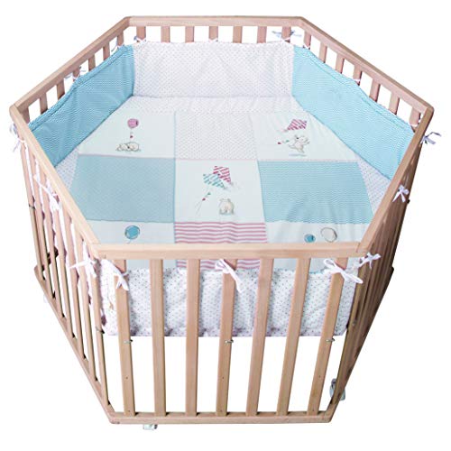 roba Parc 'Cosiplay', parc hexagonal, parc sûr avec tour de parc 'Ourson Vintage' et roulettes avec freins, grille pour bébé, bois massif hêtre, naturel, H: 72,5cm, diamètre max. externe 120cm.