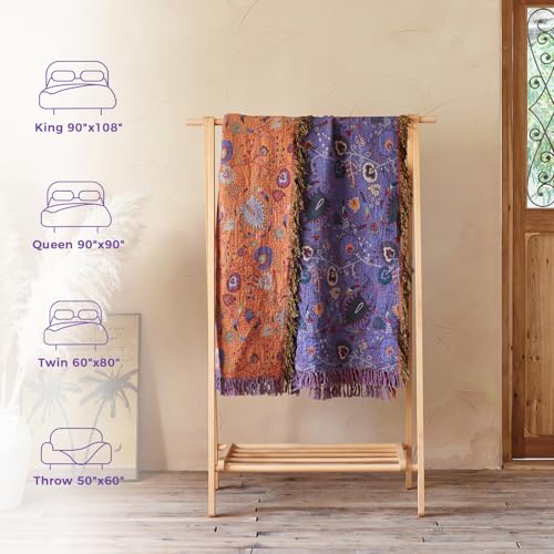 Image of LUTBM Boho Throw Blanket for Bed 60 inchx80 inch, 100% Cotton Purple Couch Blankets