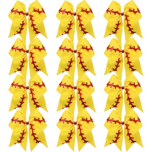 12 PCS Softball Baseball Cheer Bows, Sparkly Rugby Hair Bows with Elastic Hair Ties Accessories for Teens Girls Women Cheerleading Softball Competition Sports (Yellow Red)