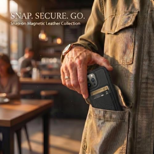 Image of amazon basics Premium Vegan Leather Back Cover with Card Holder and Integrated Mobile Stand for iPhone 12 Pro Max - Slim Shockproof Wallet Case with Geometric Stitching [Black]