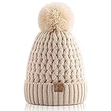 DOCVIT Kids Winter Beanie Hat, Children’s Warm Knitted Fleece Lined Woollen Ski Pompom Hat for Boys & Girls 3-9 Years Beige