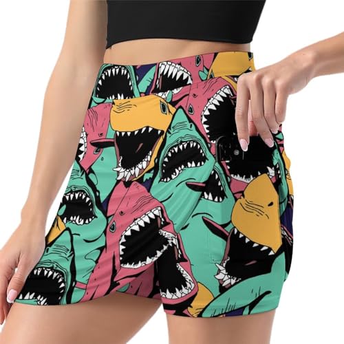 Jupe de tennis pour femme avec short intégré et poche requins colorés