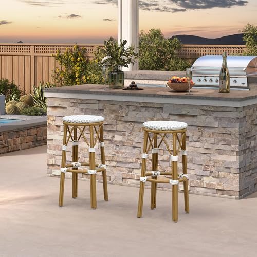 PURPLE LEAF Outdoor Round Bar Height Stool Set of 2 Patio Backless Barstools Aluminum Frame in Bamboo Finish with White & Gray Woven Rattan for Indoor Kitchen Dining Bistros Cafe Restaurant