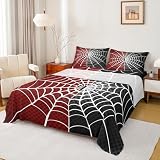 Manfei Spider Kids Sheet Set King Size, White Spider Web Black Dots Bedding Set for Boys Teens Adults Bedroom Decor, Red and Black Bed Sheet Set 4pcs (Fitted Sheet + Flat Sheet + 2 Pillowcases)