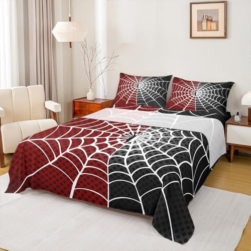 Manfei Spider Kids Sheet Set Twin Size, White Spider Web Black Dots Bedding Set for Boys Teens Adults Bedroom Decor, Red and Black Bed Sheet Set 3pcs (Fitted Sheet + Flat Sheet + 1 Pillowcase)