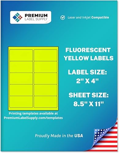 Premium Label Supply Calcomanías fluorescentes de color neón brillante, etiquetas de 2 x 4 pulgadas, (amarillo fluorescente, 250 etiquetas)