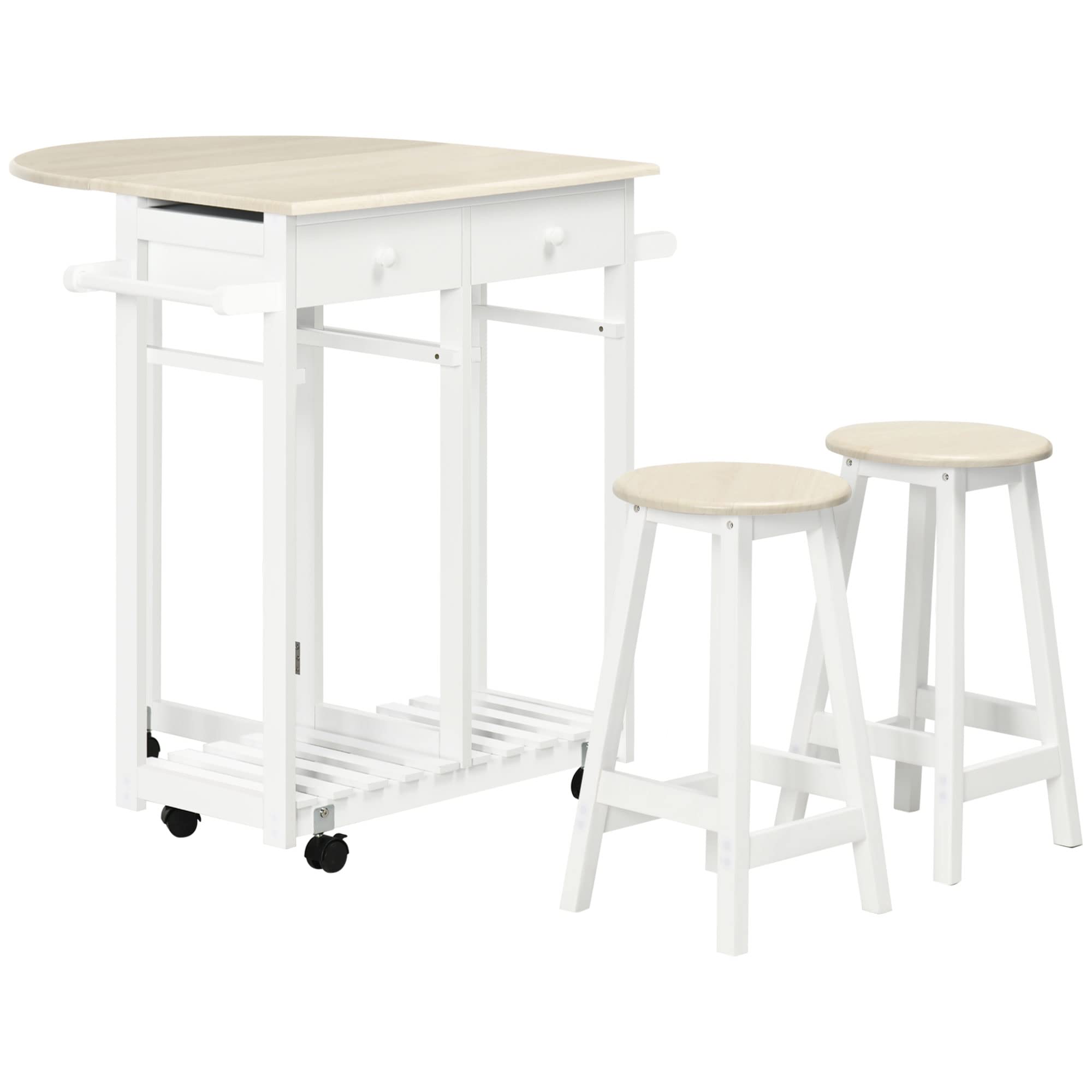 HOMCOM Carrito de Cocina de Madera 3 Piezas con 2 Taburetes Juego de Mesa de Bar con Ruedas ala Abatible 2 Cajones Barras para Colgar y Estante de Almacenaje 87x74x86 cm Blanco