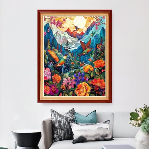 Image of Dimensean Stamped Cross Stitch Kits Full Range of Embroidery Patterns Starter Kits for Beginners Adult DIY Cross Stitches Needlepoint Kits 11CT-Forest Hummingbird 16x20 inch