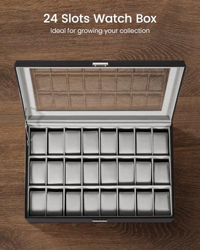Image of Uten Watch Box 24 Slots with Large Glass Lid, Watch Display Case, Gray | Leather Watch Jewelry Storage Organizer with Lock and Key, Velvety Inner Lining, for Watch to 48mm, Gift for Men and Women