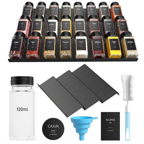 24pcs/set Spice Jars with Stands 120ml, Spice Jar with Lids and 372 Labels, Spice Containers with Shaker Lid (Sieve Lid) & Mini Funnel & Cleaning Brush & Storage Rack, For Drawers Between 30 and 60 cm