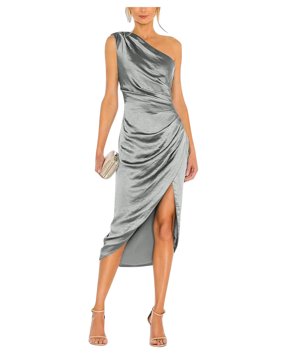 Satin Bridesmaid Dresses for Women One Shoulder Prom Dress Pleated Midi Formal Cocktail Gown Wedding Guest Dress with Slit