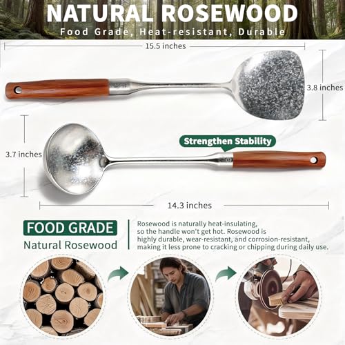 Image of Newness Soup Ladle and Solid Turner, Pure Titanium Soup Spoon and Turner | [Rustproof, Heat Resistance] Resilient, with Long Ergonomic Natural Wooden Round Handle, Non-Toxic Cooking Spoon for Kitchen