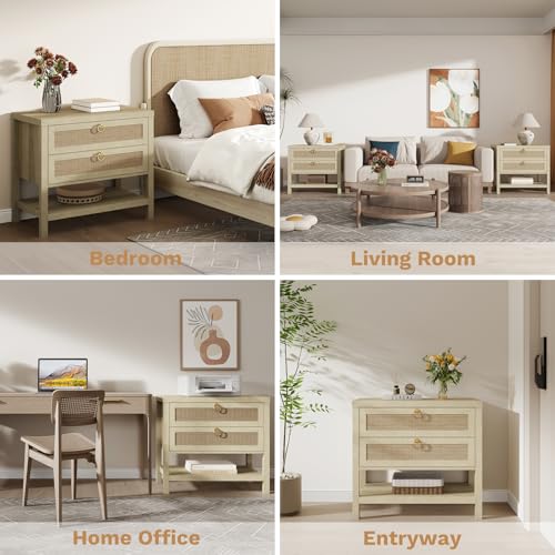 Image of Eclatara Large Rattan Night Stands:Boho Nightstand with Drawers and Storage Shelf, Reclaimed Light Oak Bedside Table End Table Side Table for Bedroom(Reclaimed Light Oak,1 Piece)