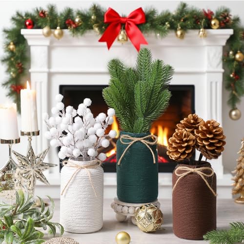 Mimorou 3PC Christmas Mason Jars Table Centerpieces Set, Decorative Winter Mason Jars with Artificial Pine Branches Pine Cone White Berry Branches, Neutral Farmhouse Home Coffee Table Decor