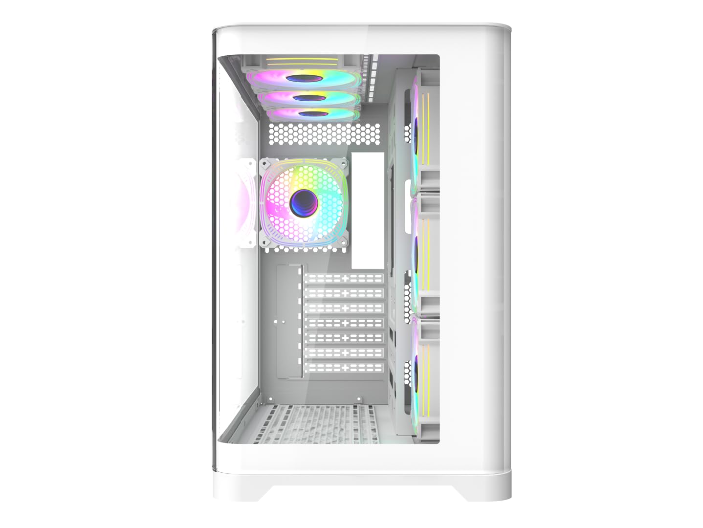 iONZ Estuche para juegos de PC ATX Mid Tower - Serie dinámica de doble cámara con 4 ventiladores ARGB PWM | Vidrio templado curvado | Flujo - Blanco