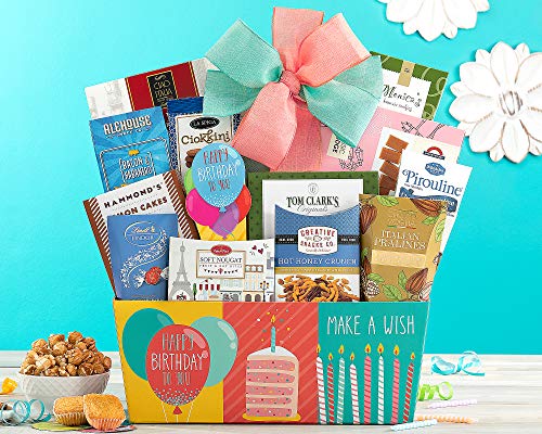 Happy Birthday Gift Basket filled with Ghirardelli Godiva Kettle Corn Peanut Brittle Cinnamon Candy Cookies and more by Wine Country Gift Baskets