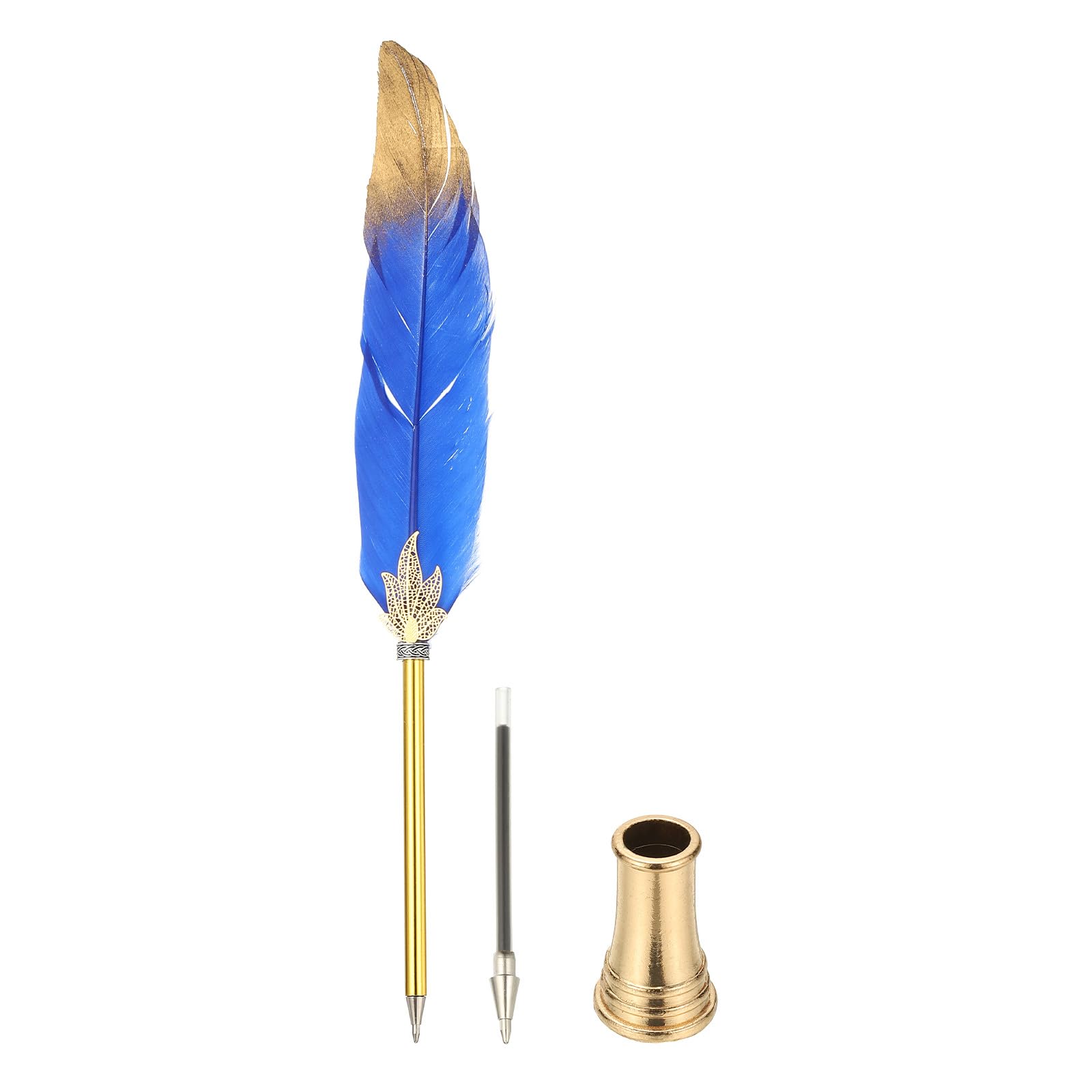 PATIKIL Feather Pen Quill, Feather Ballpoint Pen Bulk Refined Vintage Feather Calligraphy Pen with Golden Pen Holder for Guest Signature Wedding Bridal Office Writing, Dark Blue