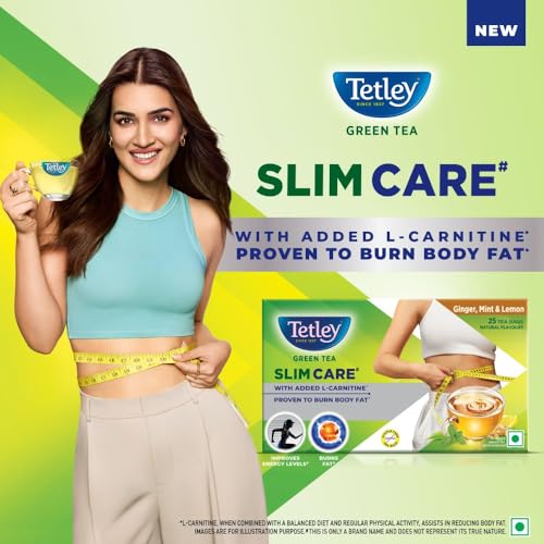 Image of Tetley Green Tea Slim Care, With Added L-Carnitine, Helps Burn Body Fat, Boosts Energy, Low Calories, Delicious Natural Ginger, Mint and Lemon Flavours, Makes 25 cups