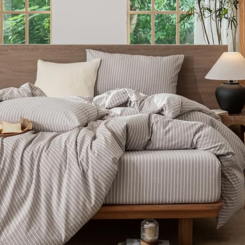 Image of MooMee Striped Duvet Cover Set 100% Washed Cotton Linen Like King | Relaxed Linen-like Texture. Soft, Breathable & Long-lasting Comfort. Lightweight. Hidden Zipper with 8 Interior Corner Ties