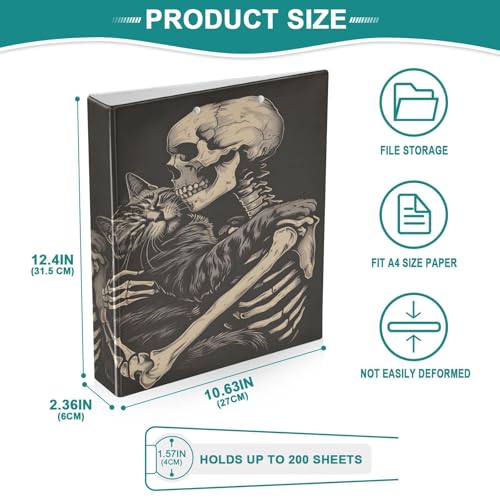 Image of Funny Cat Skeleton Skull Black 3 Ring Binder with 2 Interior Pockets 1.5 inch Binders 3 Ring Heavy Duty Fit 8.5 inch x 11 inch Letter Size for Office School, 2 Pack