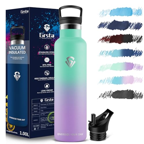 Grsta Drinking Bottle - 1 Litre - Sports Water Bottles, Stainless Steel Leak-Proof Drinks Bottle with Straw, Thermos Flask, BPA-Free, Water Bottle for Fitness, Sport