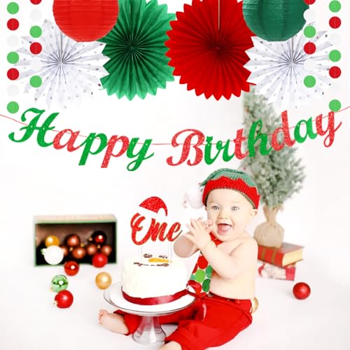 Image of Red White Green Mexican Christmas Birthday Party-Decorations - 21pcs Happy Banner,Paper Lanterns Honeycomb,Tissue Pom Poms Flower Fan,Italian Kids Classroom Hanging Streamers Garland Decor Huglony