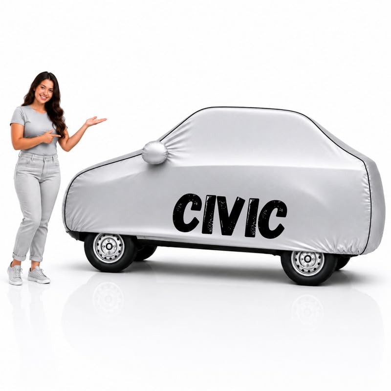 Image of Long-Life 100% Waterproof Civic Car Body Cover for Dust & Rain, Compatible with All Models of Civic Car Cover, Comes with Bird Droppings, Scratch, UV and Paint Protection - Silver