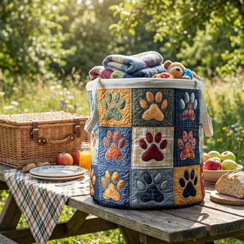 Image of Quilted Laundry Basket With Handles,boho storage basket,quilted basket