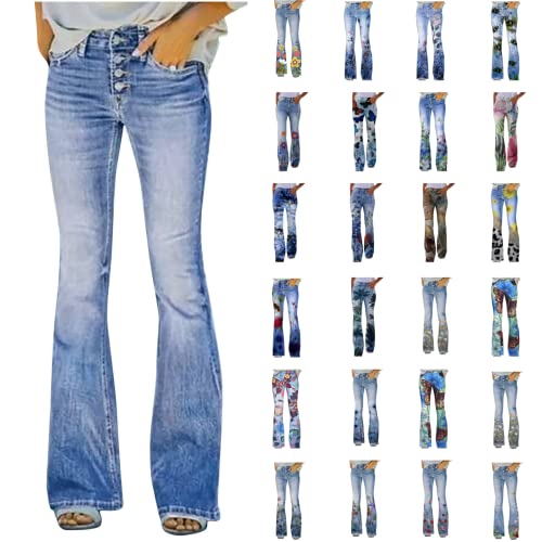Tummy Control Jeans for Women High Waisted Stretchy Curvy Denim Pants Plus Size Button Up Trendy Classic Flare Pants