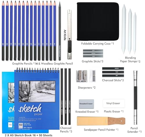 Image of Corslet 36 Pc Drawing Pencils Shading Pencils Set Drawing Kit Sketching Kit Sketch Pencil Set for Artists Charcoal Pencils for Artists Pencils for Artist Kit Graphite Pencil Set A5 Sketchbook 50 Sheet