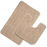 HEBE Bath Rug Set 2 Piece Beige Non Slip Bathroom Contour Rug Combo Microfiber Bath Shower Mat and U-Shaped Toilet Rug Machine Washable(21
