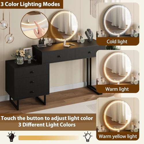 Black Vanity Desk with Mirror and Lights, Makeup Vanity with 5 Drawers for Bedroom, Modern Makeup Vanity Organizer with 3 Color Lights&Adjustable Brightness