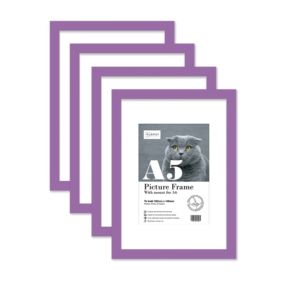 Almost Frameless A5 Purple Picture Frame Set of 4, Display A6 Pictures with Mount or A5 Without Mount Gallery Wall, Poster, Photo, Artwork, or Print, Purple