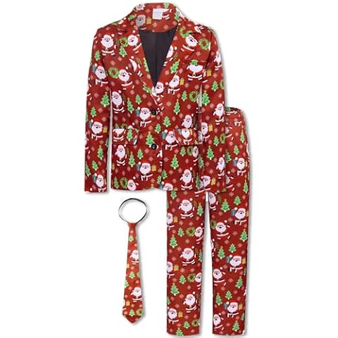 Lovefairy Boys Christmas Suits for Size 11-12 Big Kids Xmas Dresswear Suit Santa Claus Formal Tuxedo Sets Tacky Blazer Tie Cover