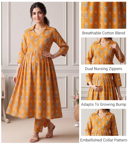 Image of DUMMY SHAPE Maternity Dresses for Women Cotton | Floral Kurta Pant Dupatta Set with Nursing Zippers, Side Pocket | Pre & Post Pregnancy | Feeding Kurti Suit | Baby Shower | Gifts for Pregnant Woman